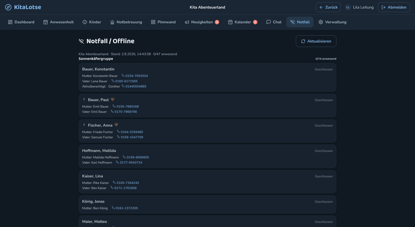 Notfall- und Offline-Ansicht mit Kontaktliste aller Kinder